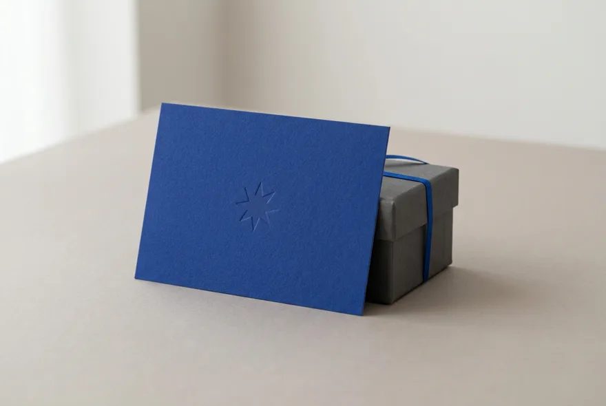 Blaue Bonuskarte mit geprägtem Stern an einer Geschenkbox