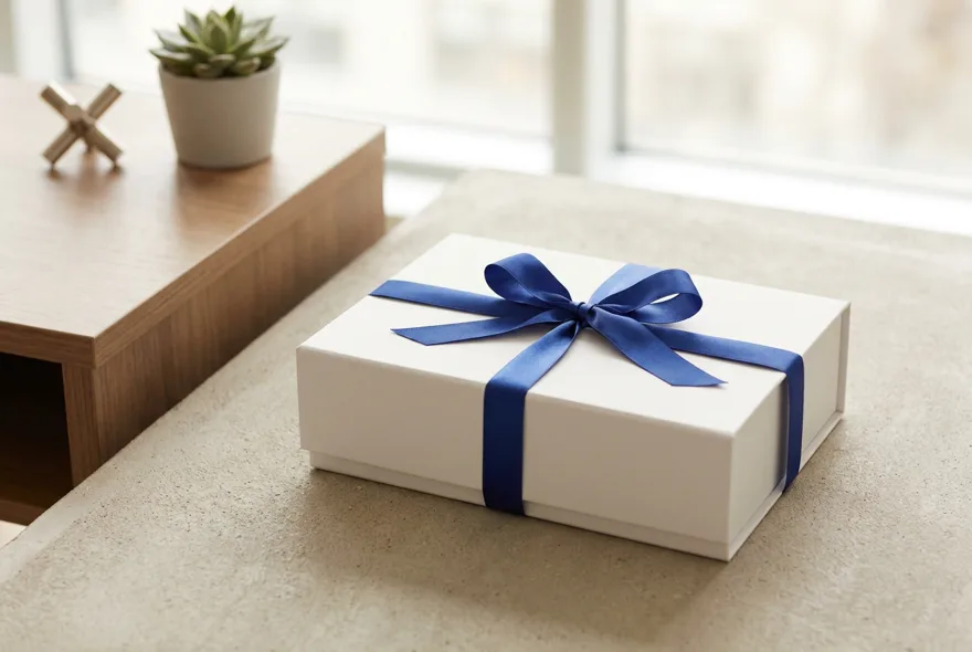 Weiße Geschenkbox mit blauem Band auf einem Schreibtisch