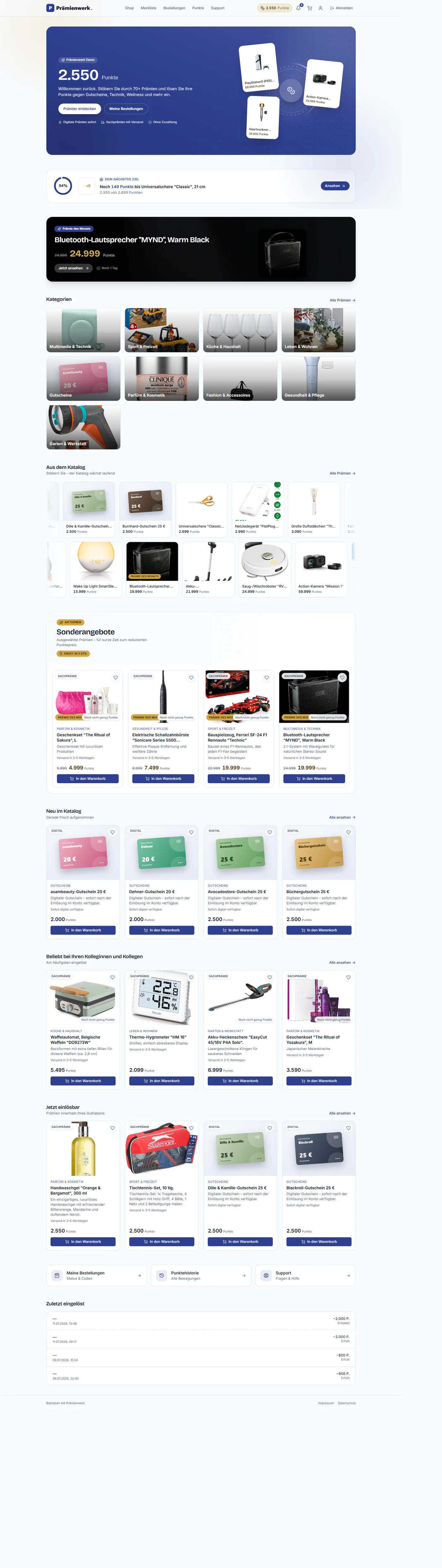 Der Prämienshop aus Teilnehmersicht, von oben nach unten: Punktestand, Prämie des Monats, Kategorien, Katalog, Sonderangebote und Einlösungen.